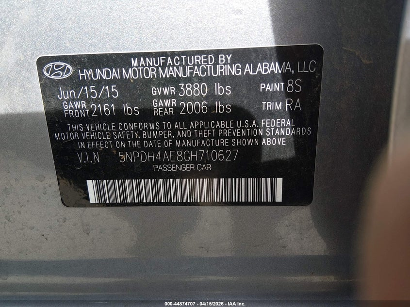 2016 Hyundai Elantra Se VIN: 5NPDH4AE8GH710627 Lot: 44874707