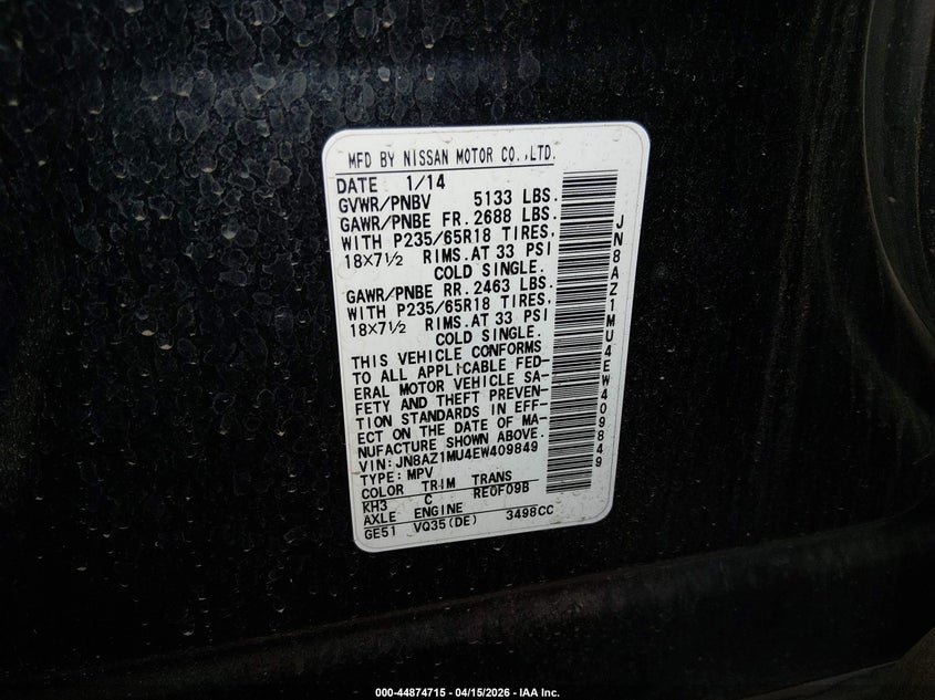 2014 Nissan Murano Le/S/Sl/Sv VIN: JN8AZ1MU4EW409849 Lot: 44874715