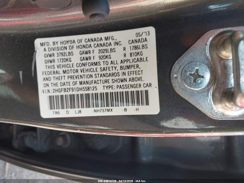 2013 Honda Civic Ex-L VIN: 2HGFB2F91DH558125 Lot: 44874729