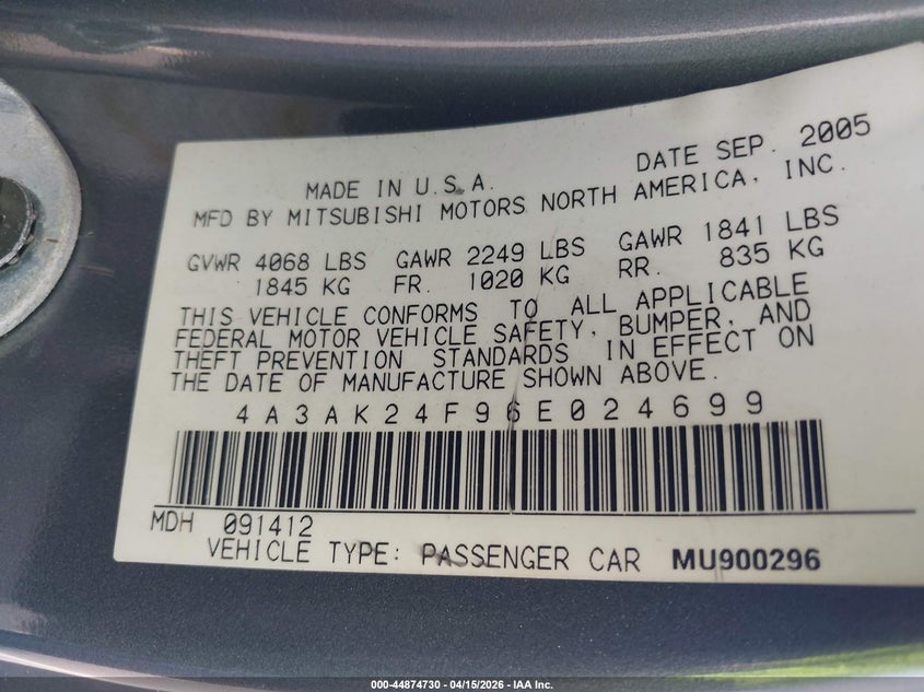 2006 Mitsubishi Eclipse Gs VIN: 4A3AK24F96E024699 Lot: 44874730