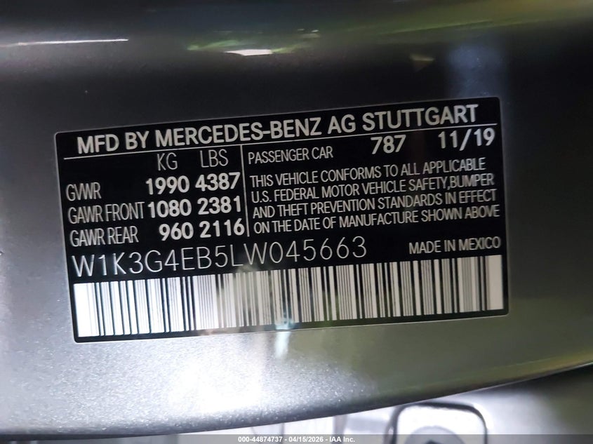 2020 Mercedes-Benz A 220 VIN: W1K3G4EB5LW045663 Lot: 44874737