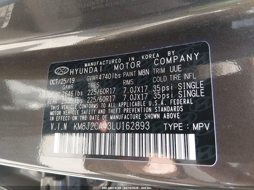 2020 Hyundai Tucson Se VIN: KM8J2CA43LU162893 Lot: 44874749