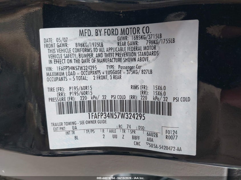 2007 Ford Focus S/Se/Ses VIN: 1FAFP34N57W324295 Lot: 44874754