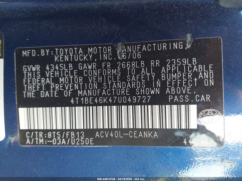 2007 Toyota Camry Le VIN: 4T1BE46K47U049727 Lot: 44874756