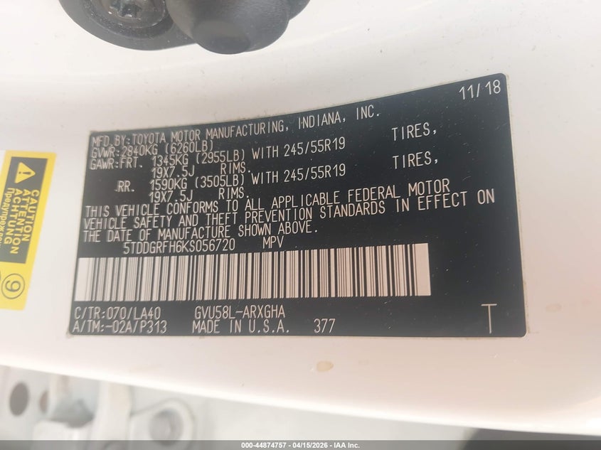 2019 Toyota Highlander Hybrid Limited Platinum VIN: 5TDDGRFH6KS056720 Lot: 44874757