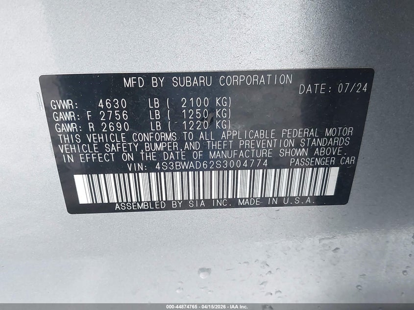 2025 Subaru Legacy Premium VIN: 4S3BWAD62S3004774 Lot: 44874765