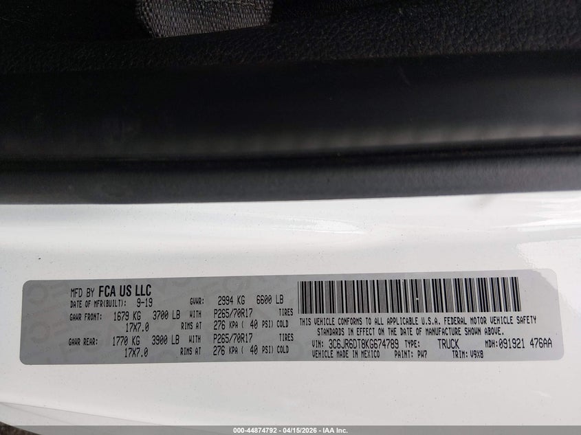 2019 Ram 1500 Classic Tradesman 4X2 8' Box VIN: 3C6JR6DT8KG674789 Lot: 44874792