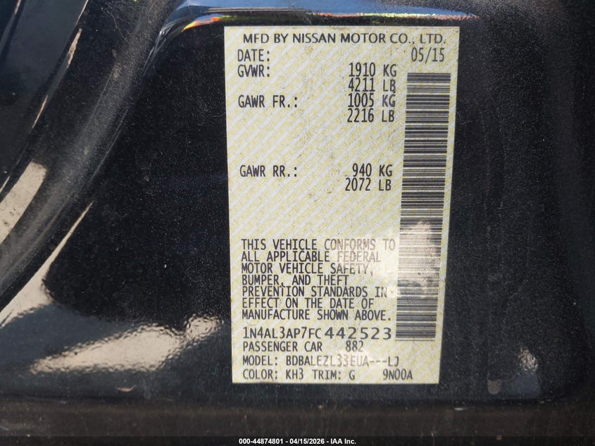 2015 Nissan Altima 2.5 S VIN: 1N4AL3AP7FC442523 Lot: 44874801