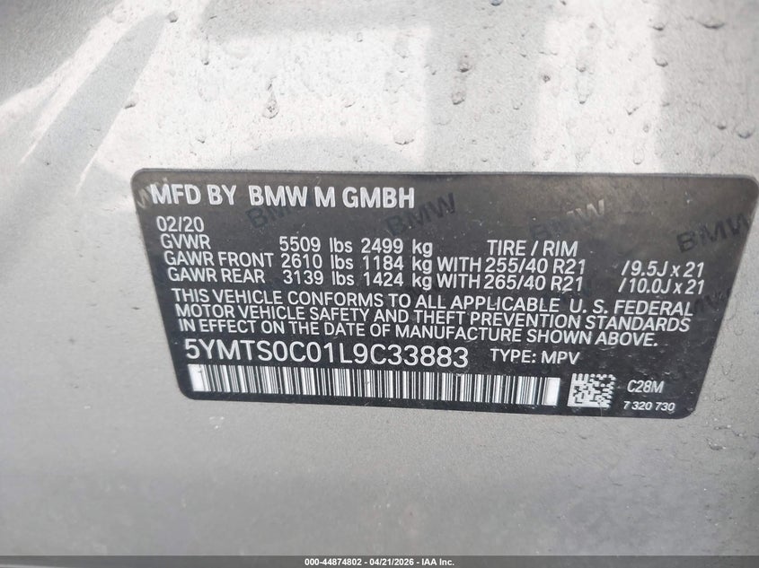 2020 BMW X3 M VIN: 5YMTS0C01L9C33883 Lot: 44874802