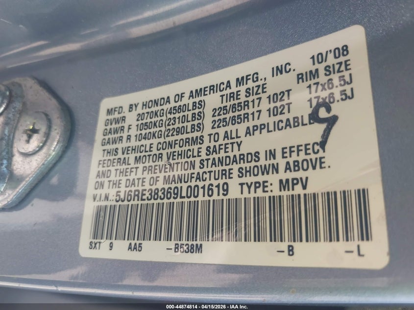 2009 Honda Cr-V Lx VIN: 5J6RE38369L001619 Lot: 44874814
