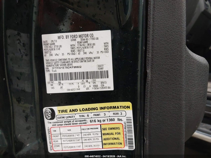 2013 Ford F-150 Xlt VIN: 1FTFW1ET8DKF96602 Lot: 44874832