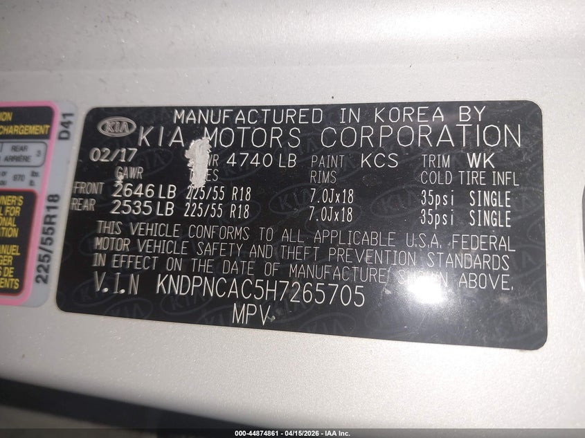 2017 Kia Sportage Ex VIN: KNDPNCAC5H7265705 Lot: 44874861