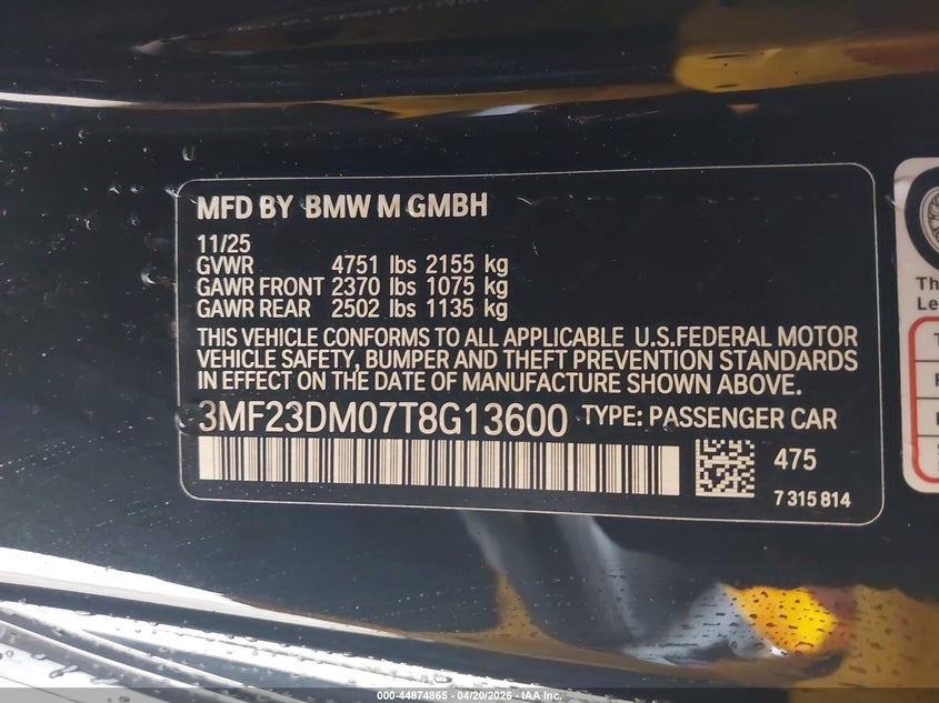 2026 BMW M2 VIN: 3MF23DM07T8G13600 Lot: 44874865