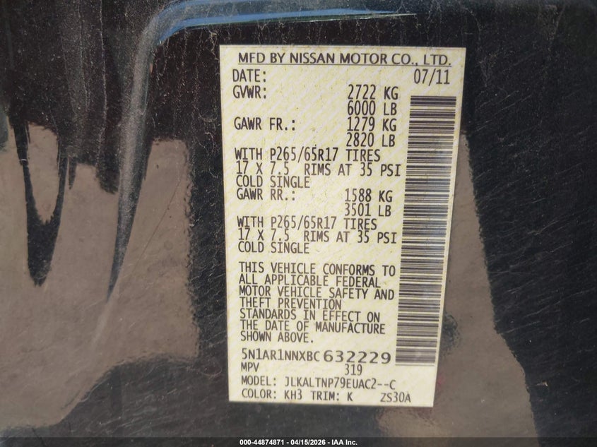 2011 Nissan Pathfinder Sv VIN: 5N1AR1NNXBC632229 Lot: 44874871