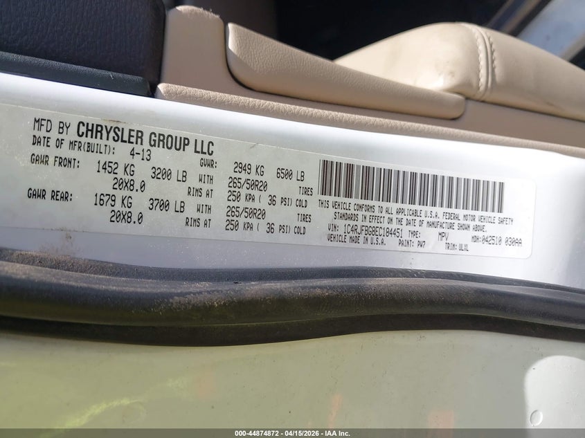 2014 Jeep Grand Cherokee Limited VIN: 1C4RJFBG8EC184451 Lot: 44874872