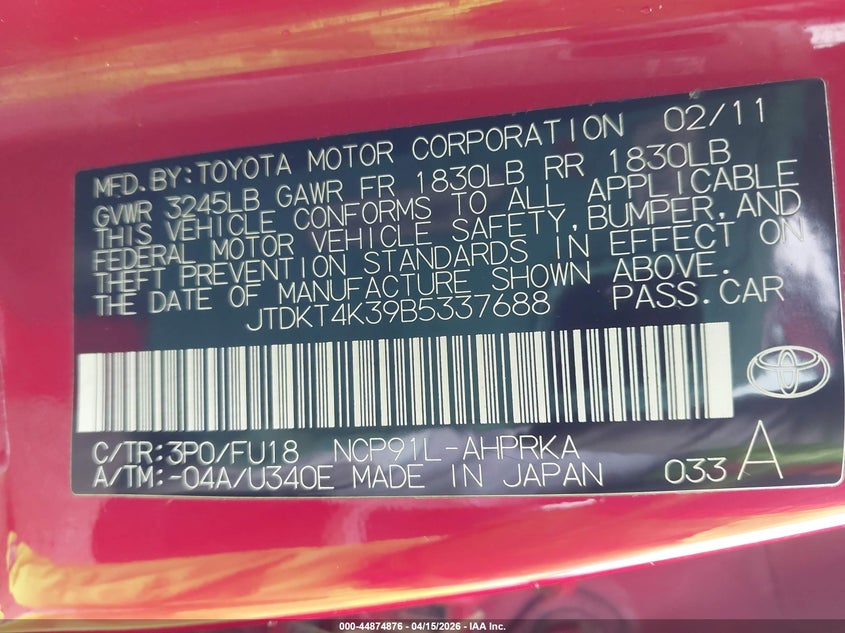 2011 Toyota Yaris VIN: JTDKT4K39B5337688 Lot: 44874876