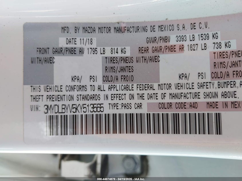 2019 Toyota Yaris Xle VIN: 3MYDLBYV5KY513565 Lot: 44874878