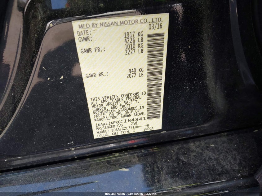 2016 Nissan Altima 2.5 S VIN: 1N4AL3APXGC184841 Lot: 44874886