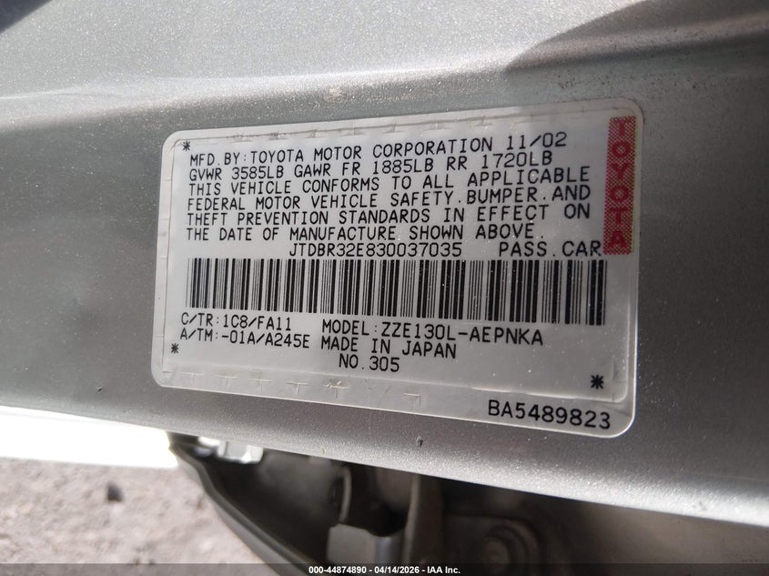 2003 Toyota Corolla Le VIN: JTDBR32E830037035 Lot: 44874890