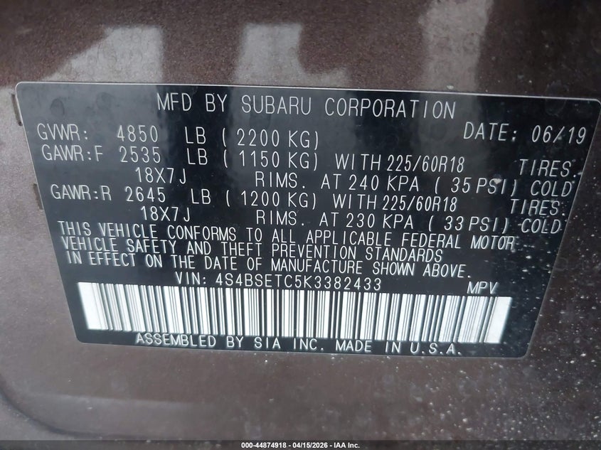 2019 Subaru Outback 3.6R Touring VIN: 4S4BSETC5K3382433 Lot: 44874918