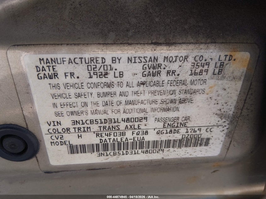 2001 Nissan Sentra Gxe VIN: 3N1CB51D31L480029 Lot: 44874945