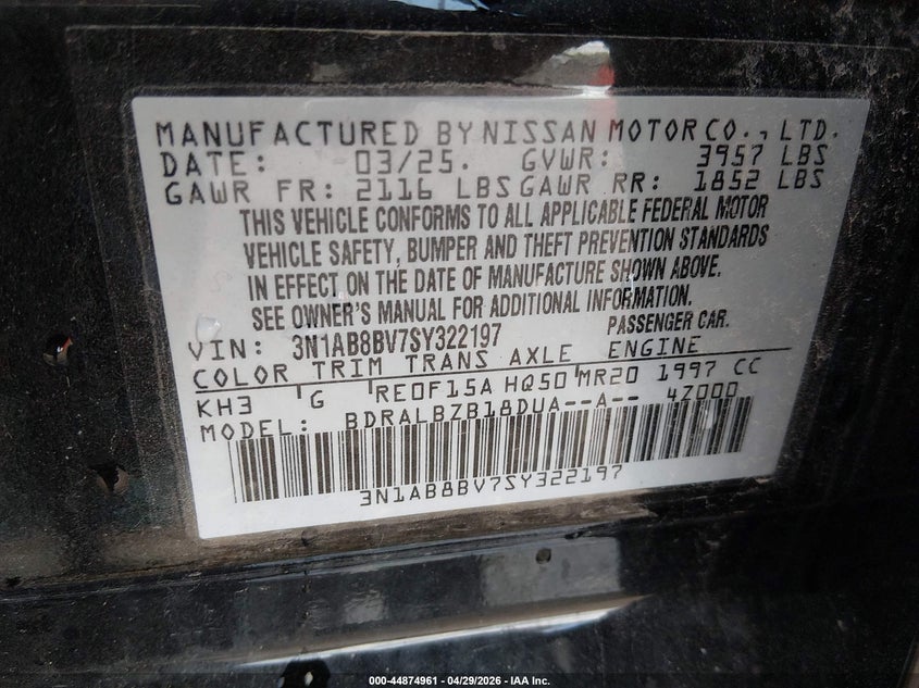 2025 NISSAN SENTRA 2.0L I-4 DI, DOHC, V(VIN: 3N1AB8BV7SY322197