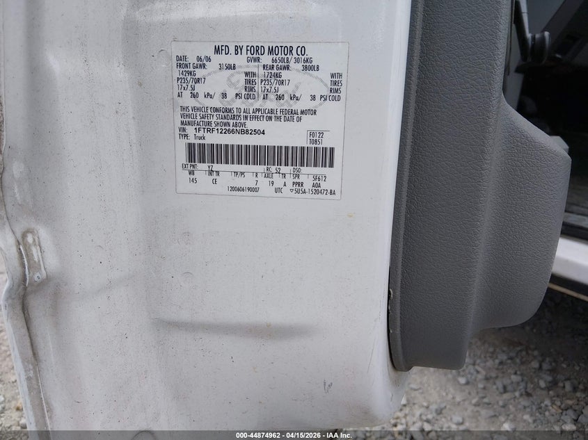 2006 Ford F-150 Stx/Xl/Xlt VIN: 1FTRF12266NB82504 Lot: 44874962