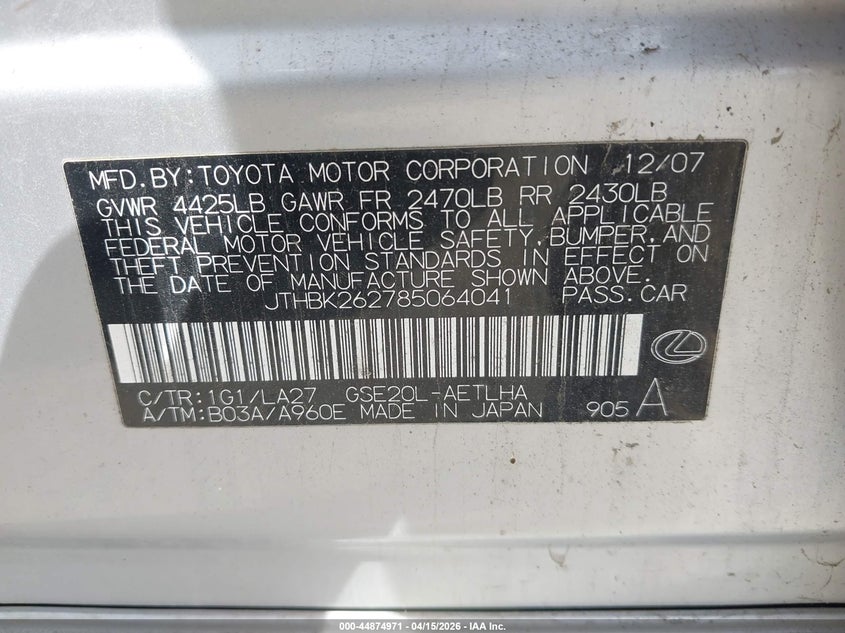 2008 Lexus Is 250 VIN: JTHBK262785064041 Lot: 44874971