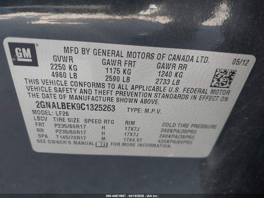 2012 Chevrolet Equinox Ls VIN: 2GNALBEK9C1325263 Lot: 44874987
