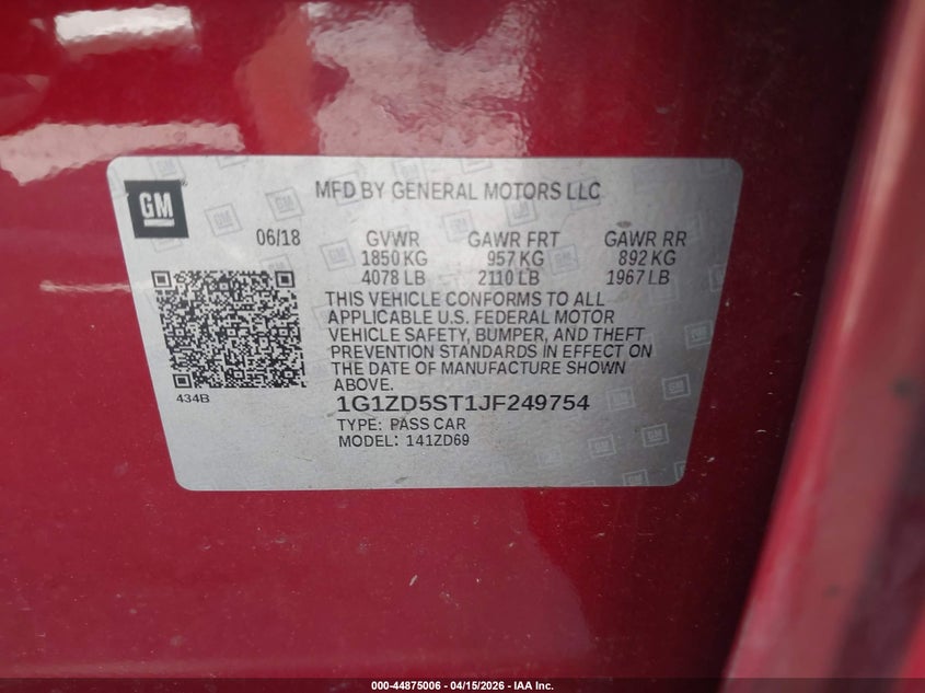 2018 Chevrolet Malibu Lt VIN: 1G1ZD5ST1JF249754 Lot: 44875006