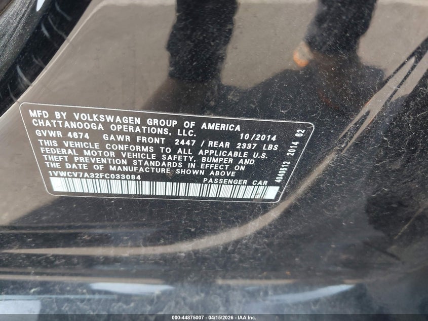 2015 Volkswagen Passat 2.0L Tdi Sel Premium VIN: 1VWCV7A32FC033084 Lot: 44875007