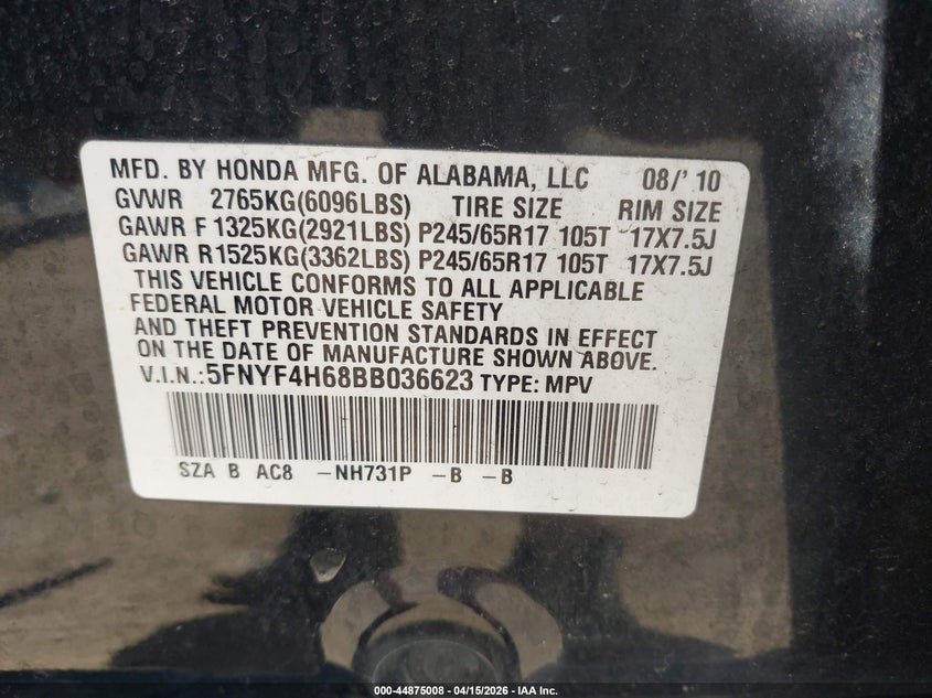 2011 Honda Pilot Ex-L VIN: 5FNYF4H68BB036623 Lot: 44875008