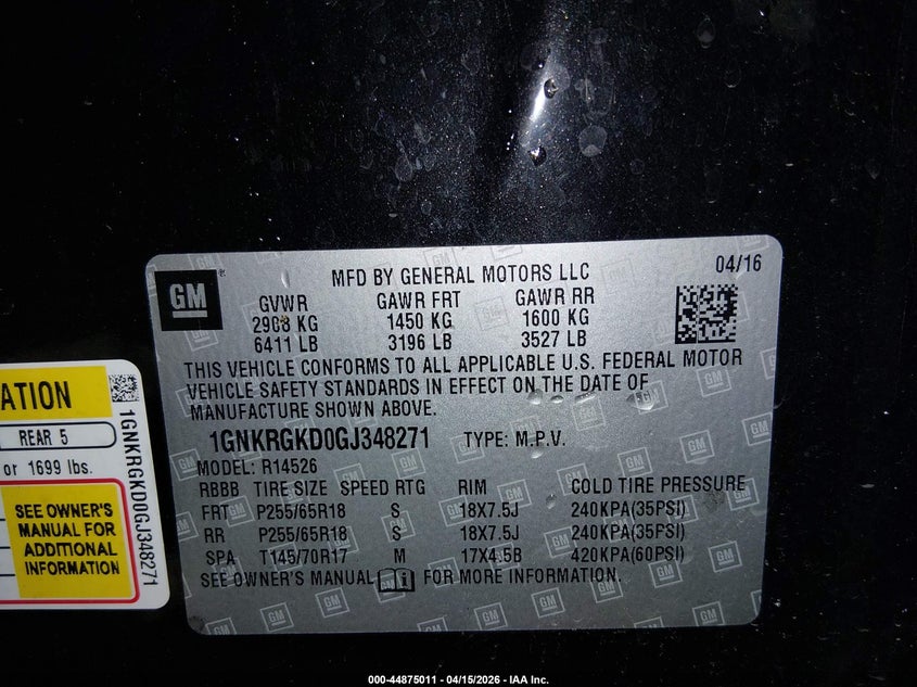 2016 Chevrolet Traverse 1Lt VIN: 1GNKRGKD0GJ348271 Lot: 44875011