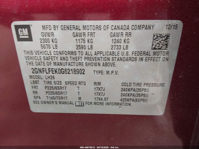 2016 Chevrolet Equinox Lt VIN: 2GNFLFEK0G6218902 Lot: 44875012