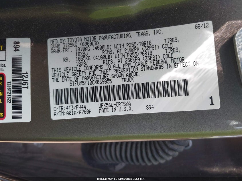 2012 Toyota Tundra Grade 4.6L V8 VIN: 5TFUM5F10CX039055 Lot: 44875014