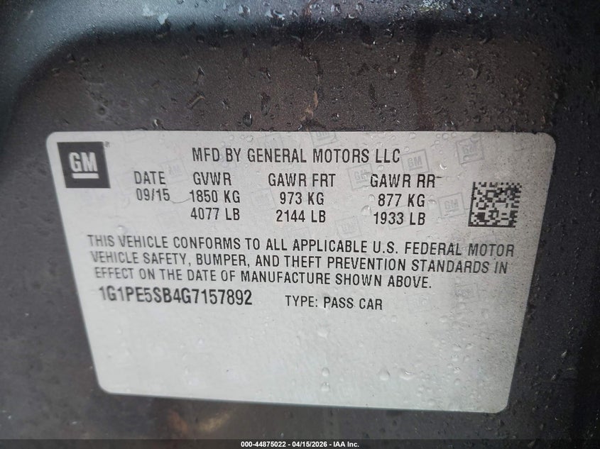 2016 Chevrolet Cruze Limited 1Lt Auto VIN: 1G1PE5SB4G7157892 Lot: 44875022