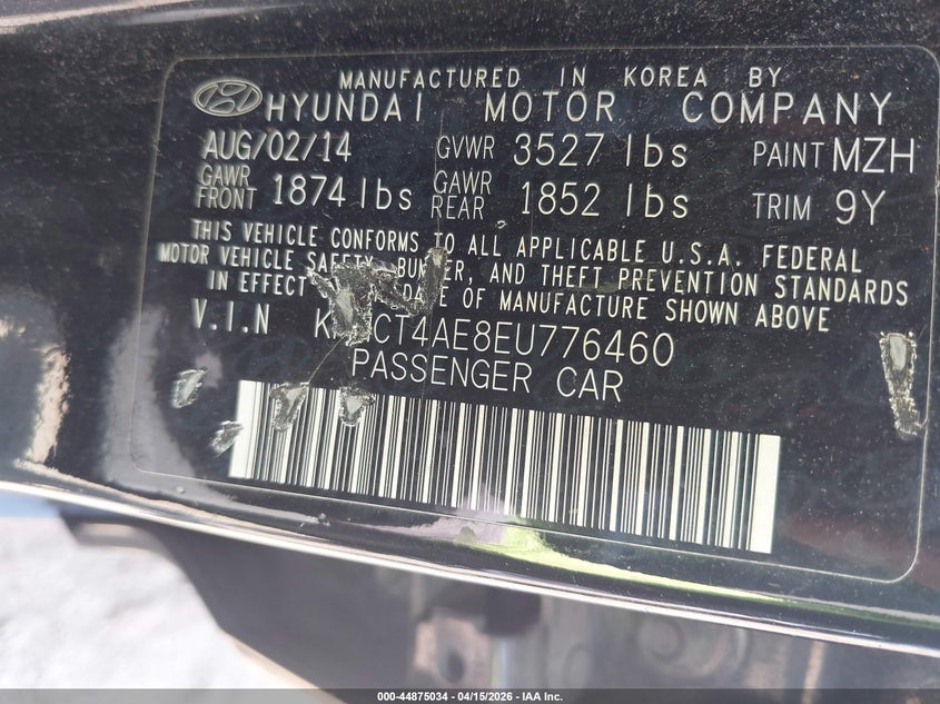 2014 Hyundai Accent Gls VIN: KMHCT4AE8EU776460 Lot: 44875034