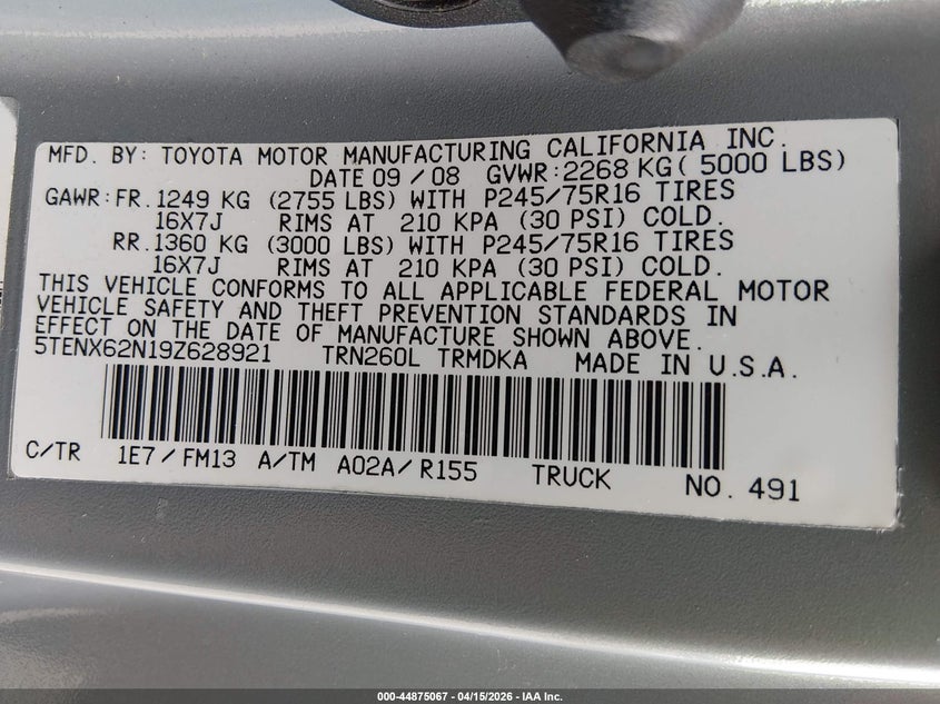 2009 Toyota Tacoma Prerunner VIN: 5TENX62N19Z628921 Lot: 44875067