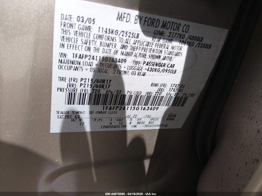 2005 Ford Five Hundred Sel VIN: 1FAFP24115G163409 Lot: 44875068