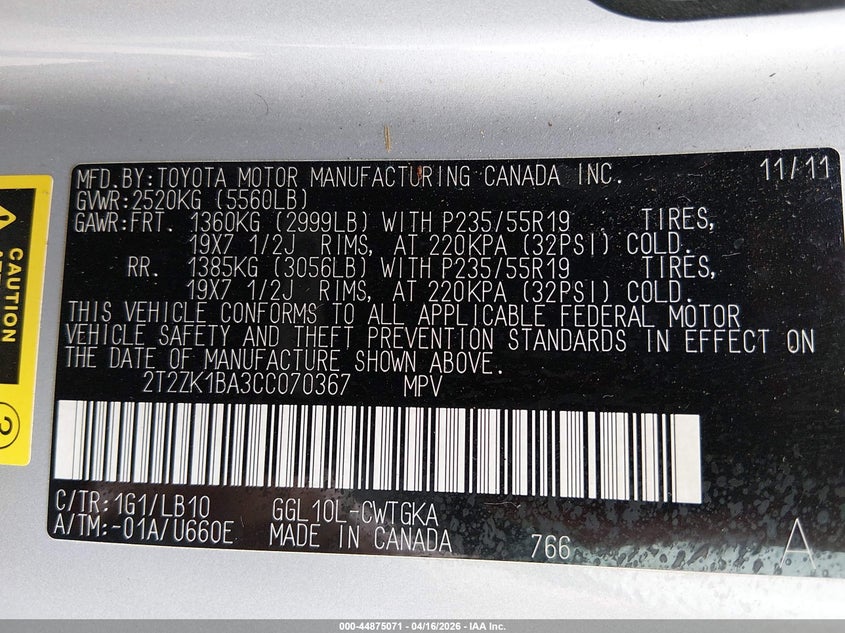 2012 Lexus Rx 3.5 Rx 350 grey Lot 111044875071 Vin 2T2ZK1BA3CC070367