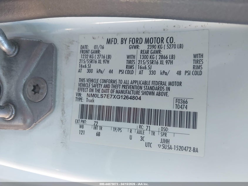 2016 Ford Transit Connect Xl VIN: NM0LS7E7XG1264804 Lot: 44875073