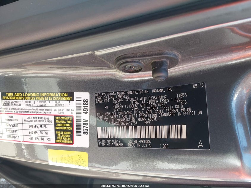 2014 Toyota Sienna Xle V6 8 Passenger VIN: 5TDYK3DC6ES412754 Lot: 44875074