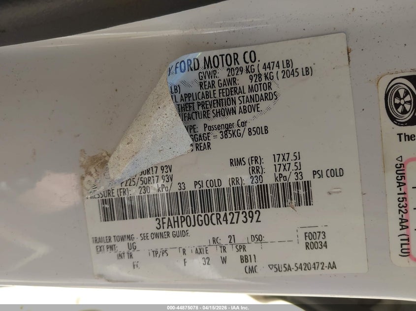 2012 Ford Fusion Sel VIN: 3FAHP0JG0CR427392 Lot: 44875078