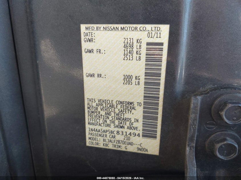 2011 Nissan Maxima 3.5 Sv VIN: 1N4AA5AP5BC831494 Lot: 44875088