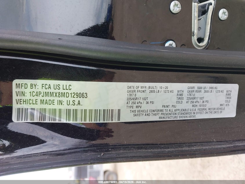 2021 Jeep Cherokee Latitude Lux 4X4 VIN: 1C4PJMMX8MD129063 Lot: 44875093