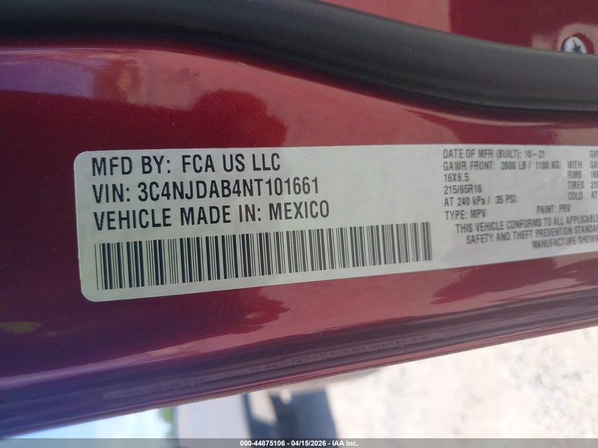 2022 Jeep Compass Sport 4X4 VIN: 3C4NJDAB4NT101661 Lot: 44875106