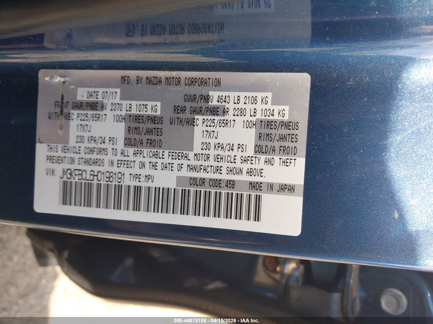 2017 Mazda Cx-5 Touring VIN: JM3KFBCL6H0198191 Lot: 44875108