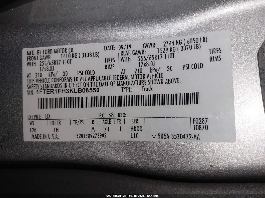 2019 Ford Ranger Xl/Xlt/Lariat VIN: 1FTER1FH3KLB08550 Lot: 44875122