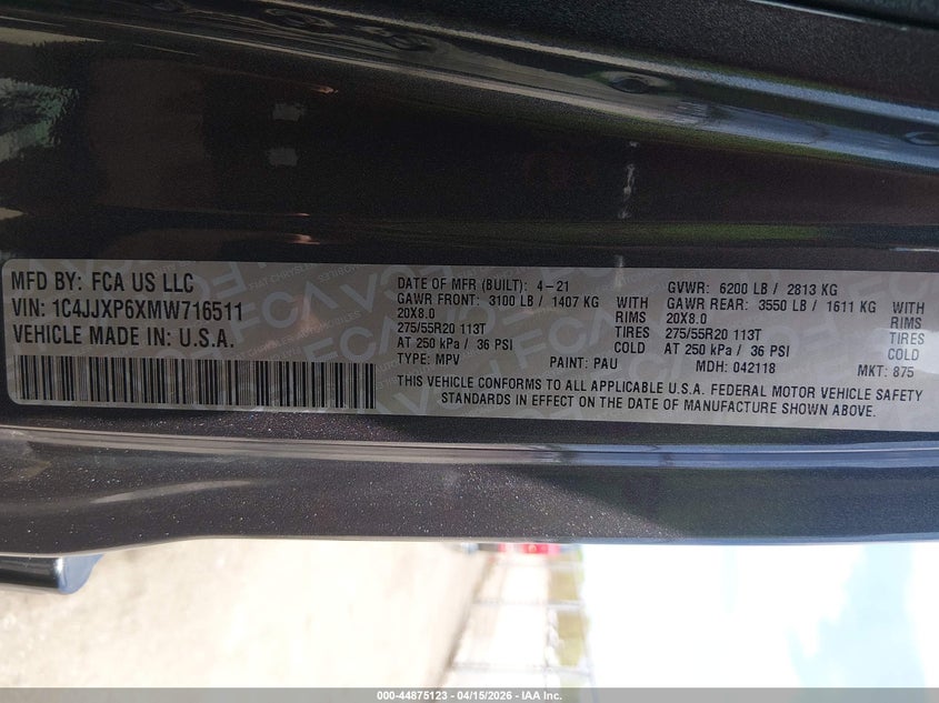 2021 Jeep Wrangler 4Xe Unlimited Sahara 4X4 VIN: 1C4JJXP6XMW716511 Lot: 44875123