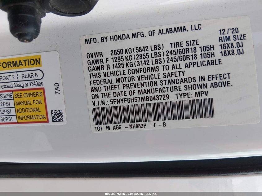 2021 Honda Pilot Awd Ex-L VIN: 5FNYF6H57MB043729 Lot: 44875126